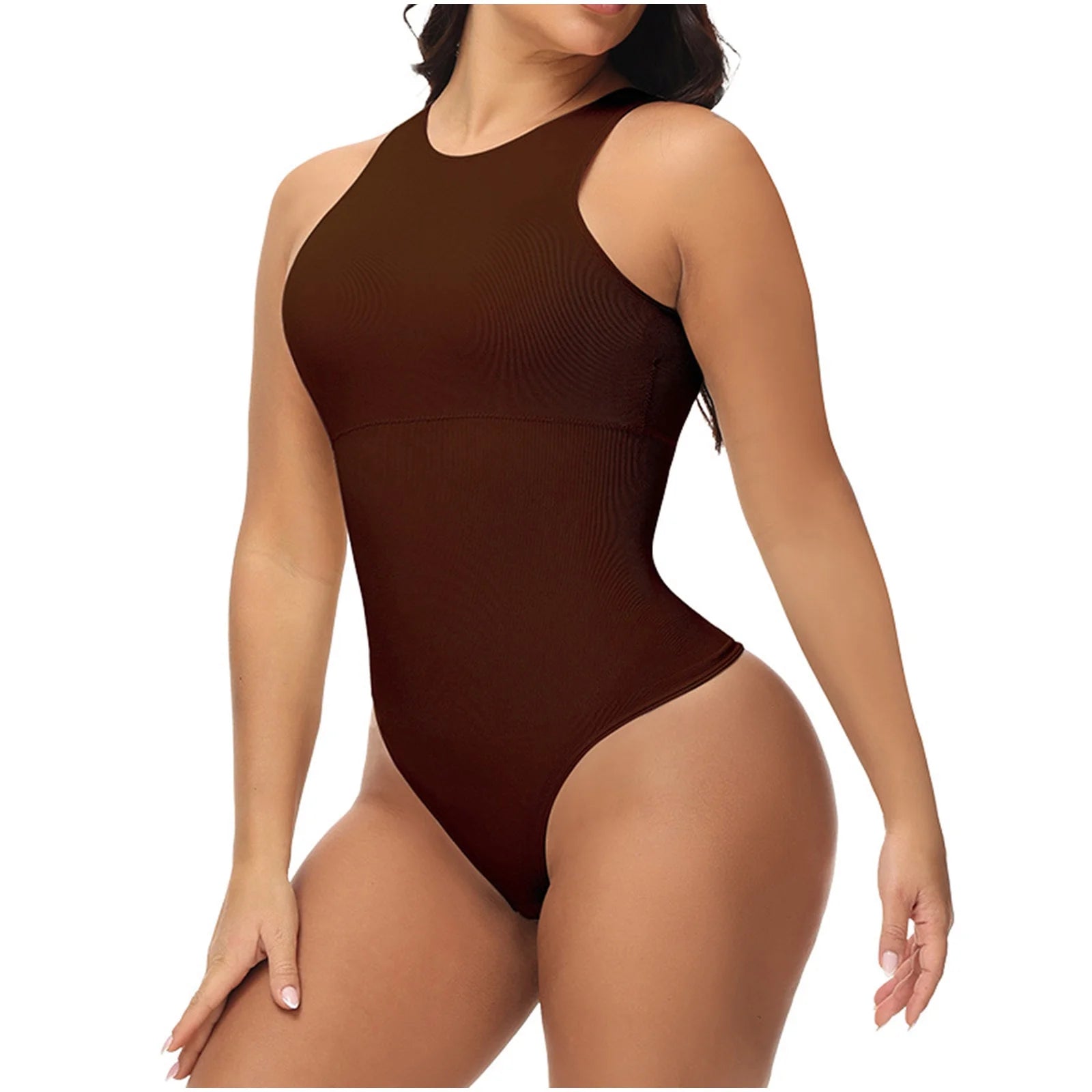 Womens Shapewear Bodysuit, Crew Neck High Compression Seamless Tight Fit Tummy Control Comfortable Jumpsuit Brown M